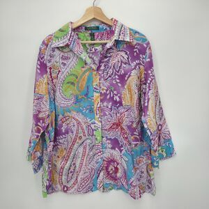 Lauren Ralph Lauren Button Front Shirt Color Floral Paisley 3/4 Sleeves 1X Plus